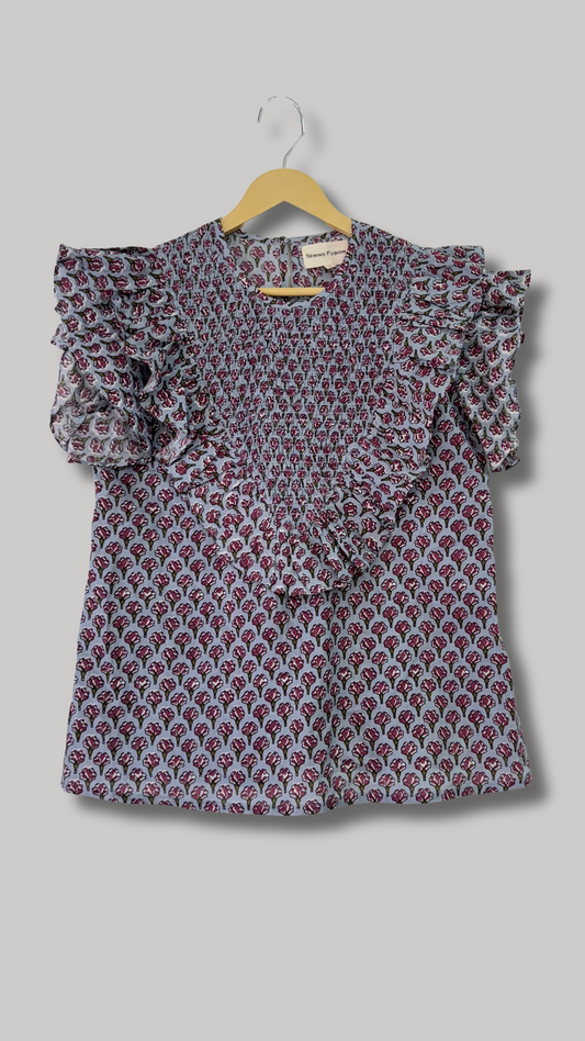 Multicolour Block Printed Frill Top With Smocking Detail