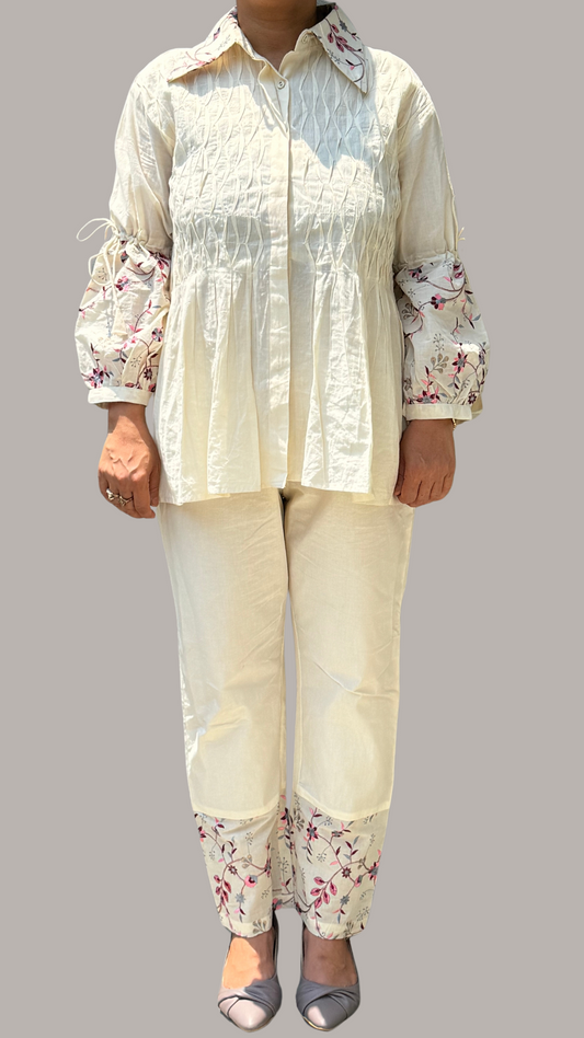 Cream Hand Embroidered Whispering Blossoms Co-ord Set With Pin Tuck Detailing