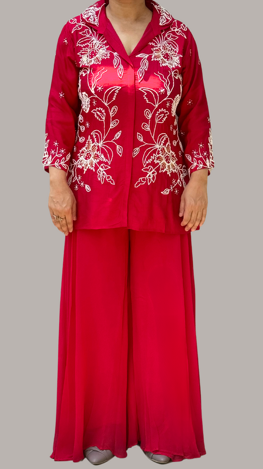 Magenta Embroidered Pearl Radiance Fusion Ensemble Co-ord Set