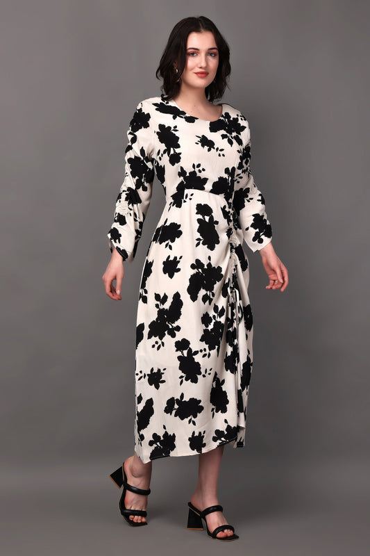 Cream and Black Floral Print Ruched Dress With Drawstring