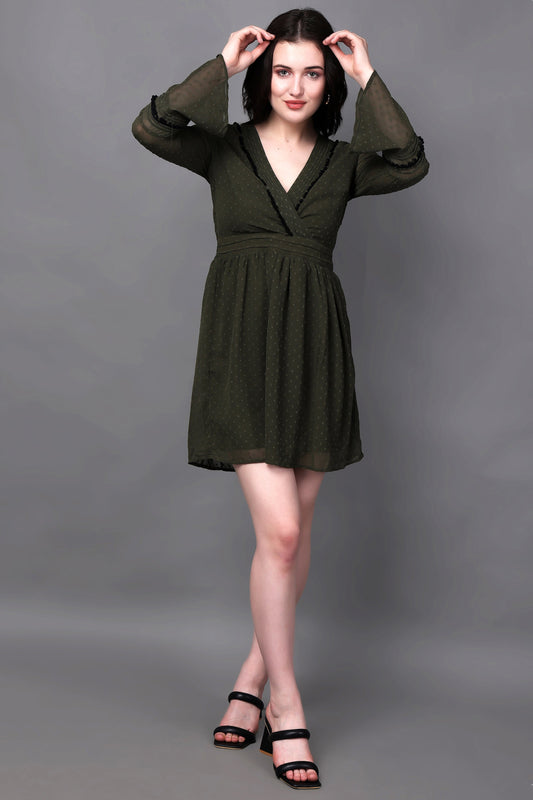 Olive Green Bell Sleeves Midi Dress