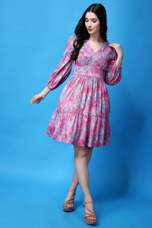 Elegant Multicolour Balloon Sleeves Tiered Dress