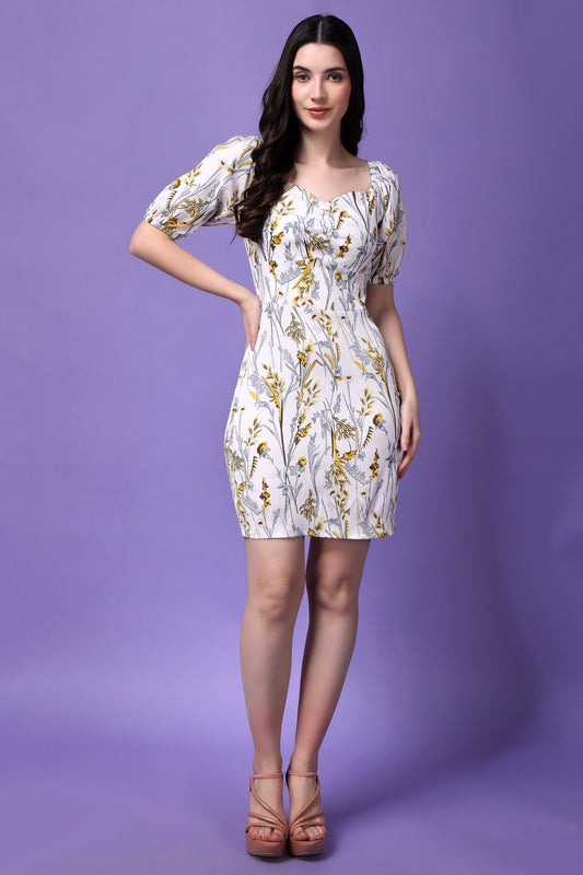 White Artsy Orchard Puff Sleeves Bodycon dress