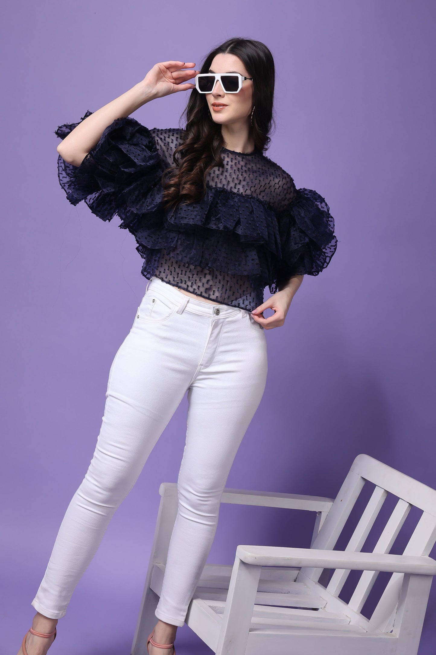 Navy Blue Organza  Flying Bird Ruffled Top