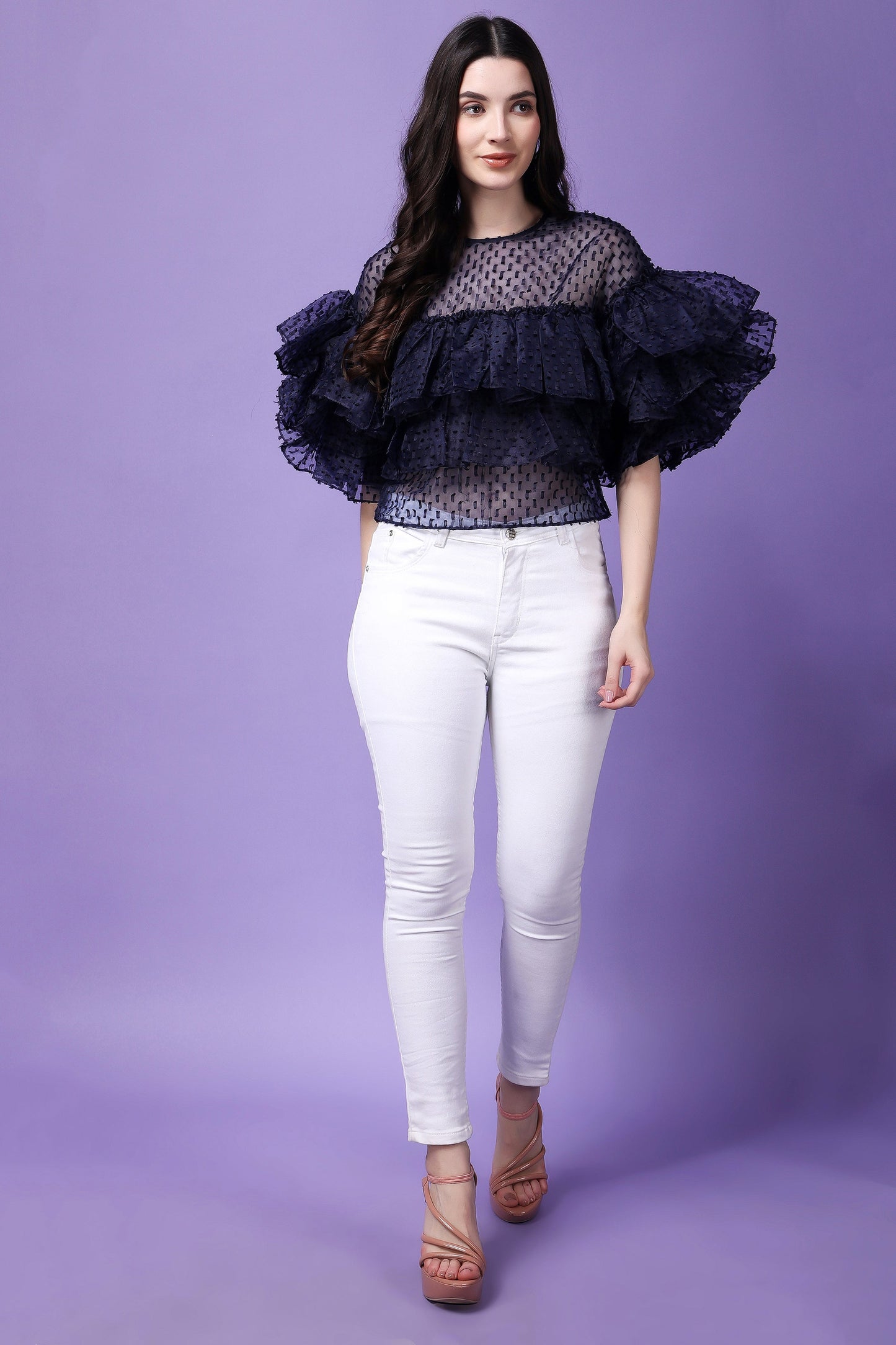 Navy Blue Organza  Flying Bird Ruffled Top