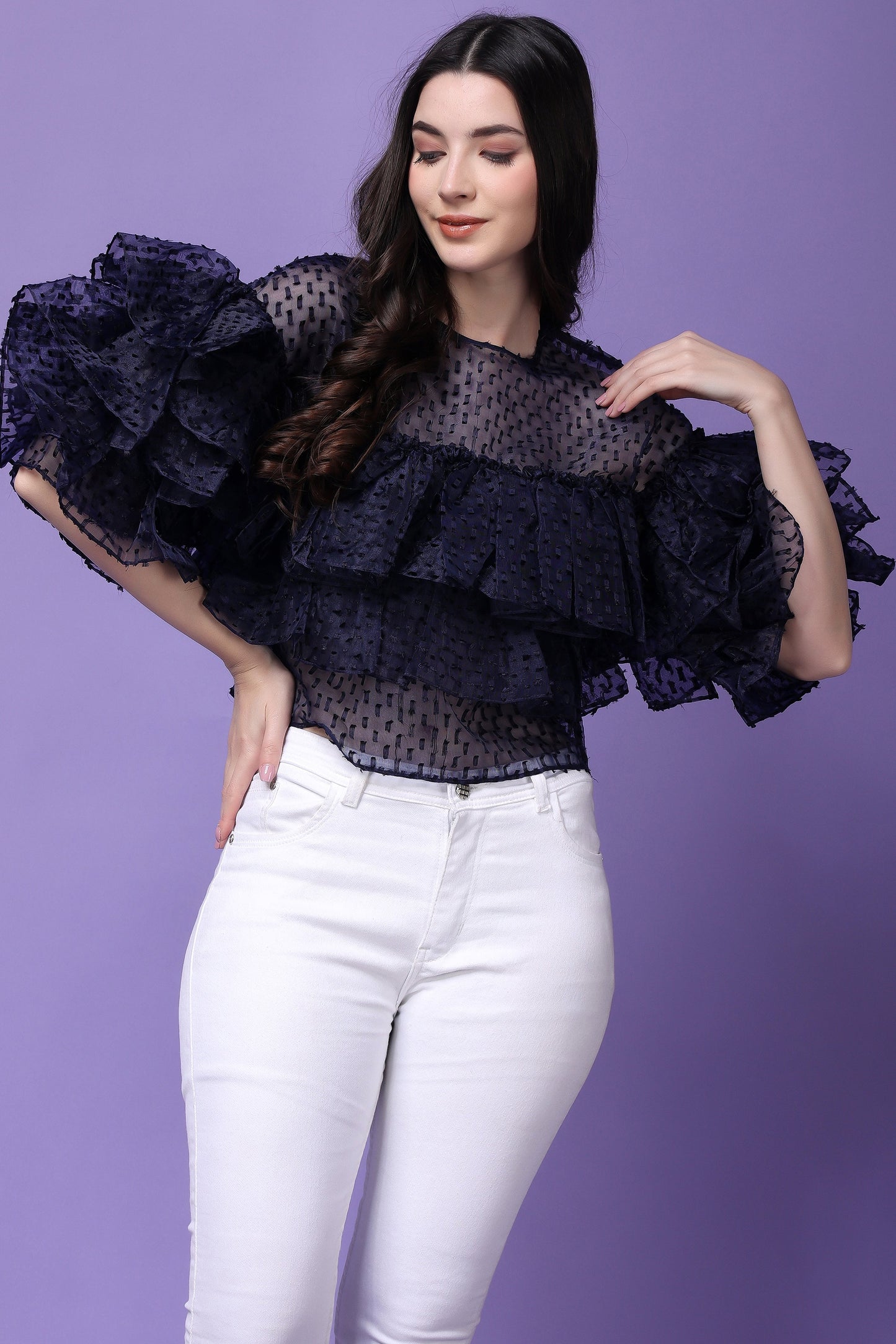 Navy Blue Organza  Flying Bird Ruffled Top