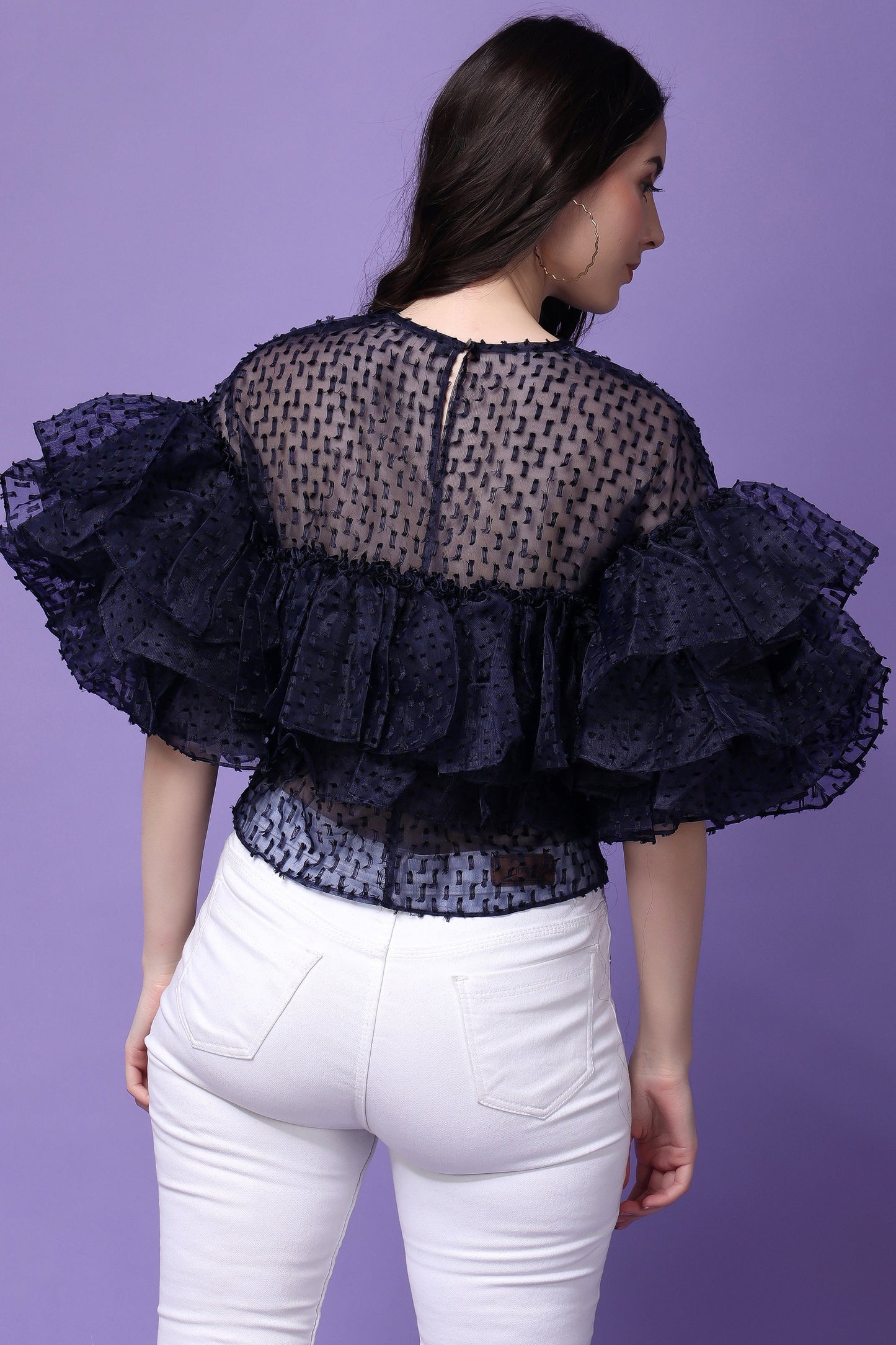 Navy Blue Organza  Flying Bird Ruffled Top