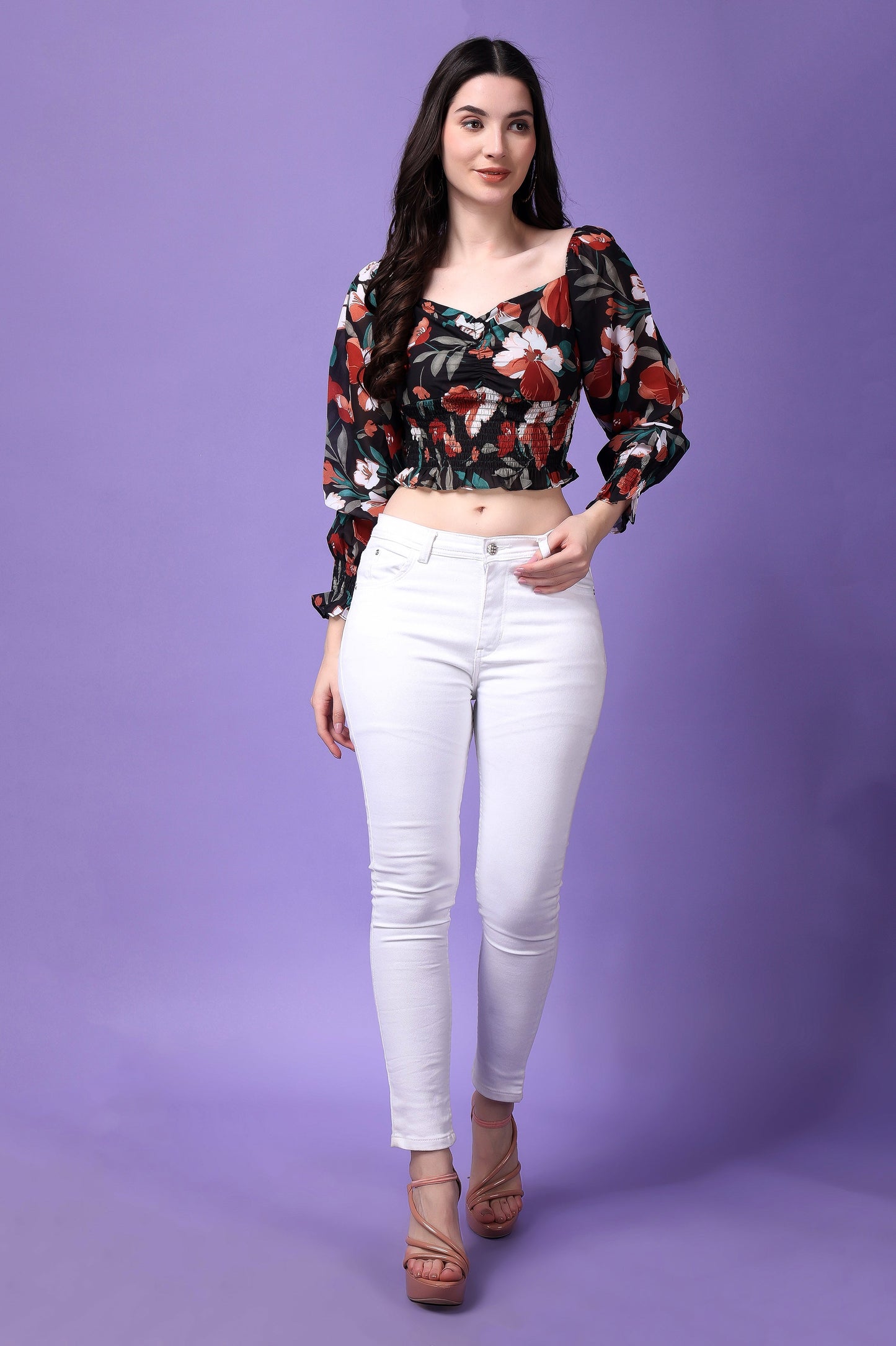 Multicolour Floral Print Balloon Sleeves Top