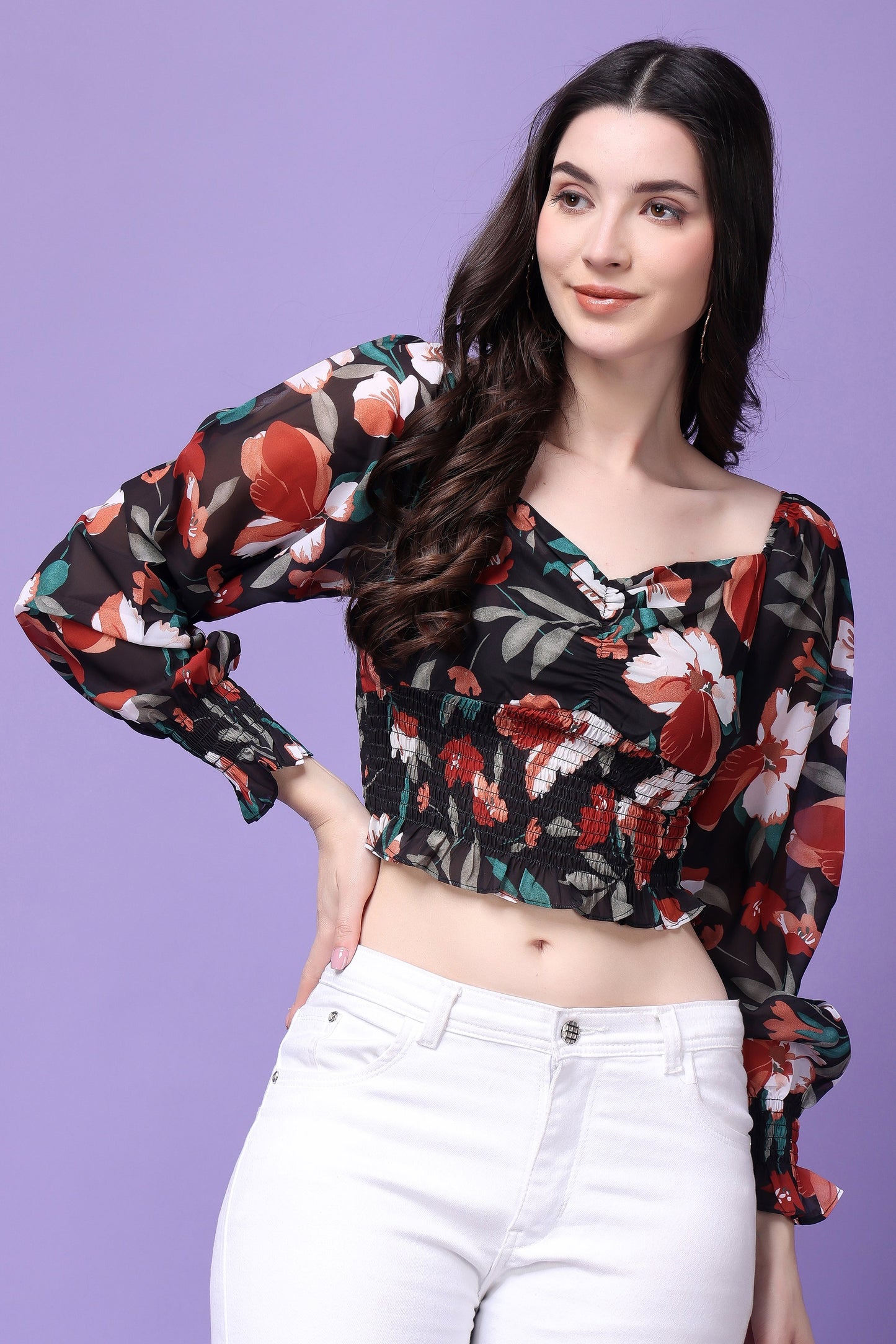 Multicolour Floral Print Balloon Sleeves Top