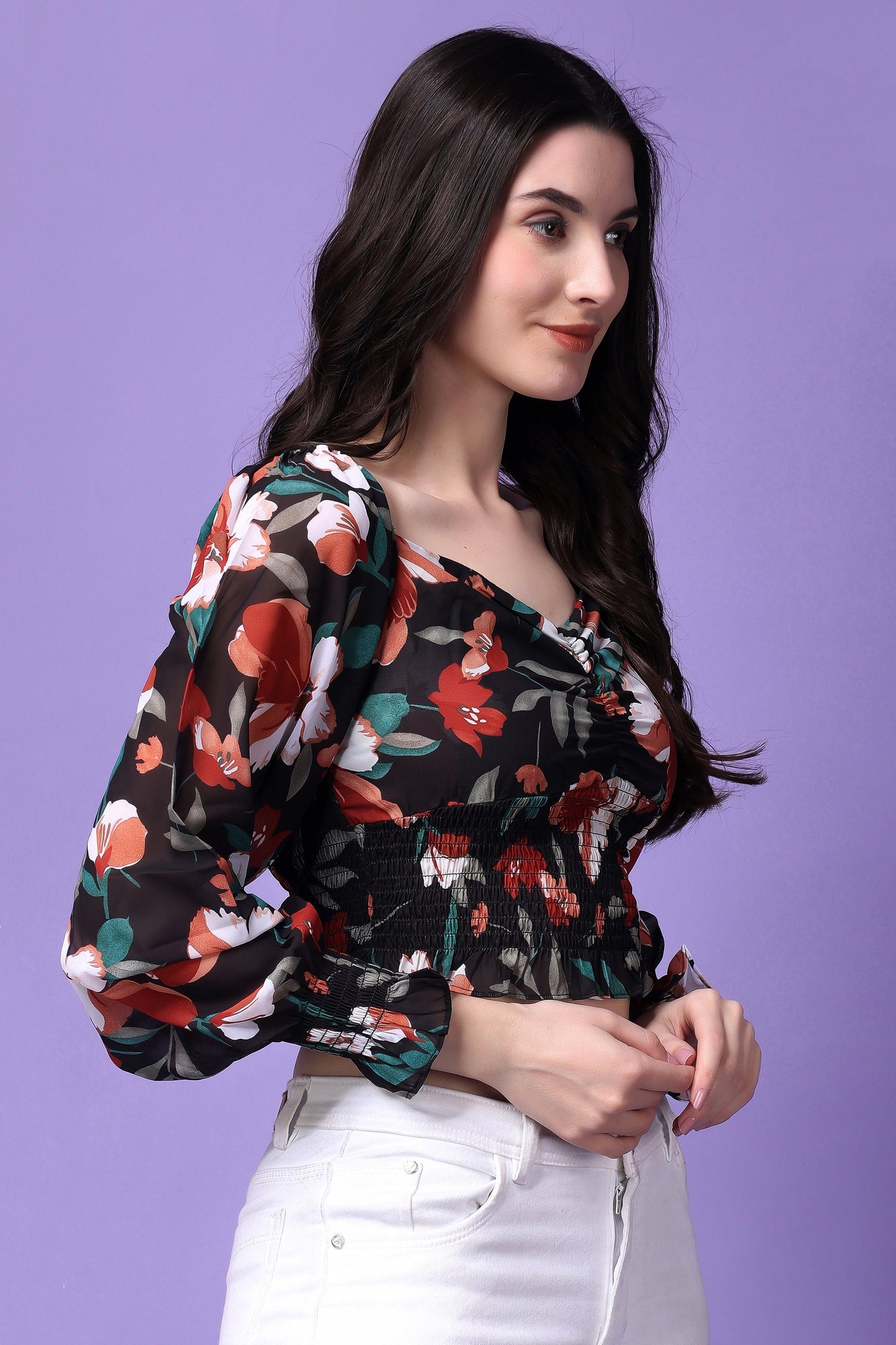 Multicolour Floral Print Balloon Sleeves Top