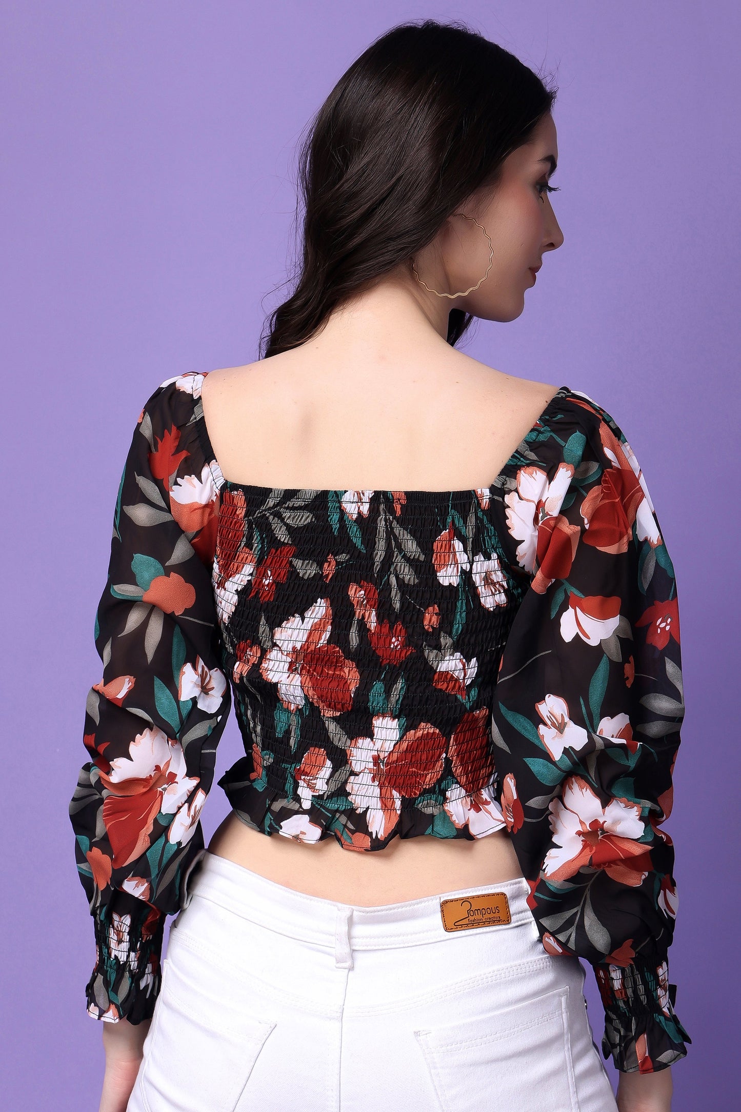 Multicolour Floral Print Balloon Sleeves Top