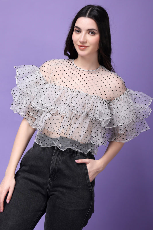 White Organza Flying Bird Ruffled Top