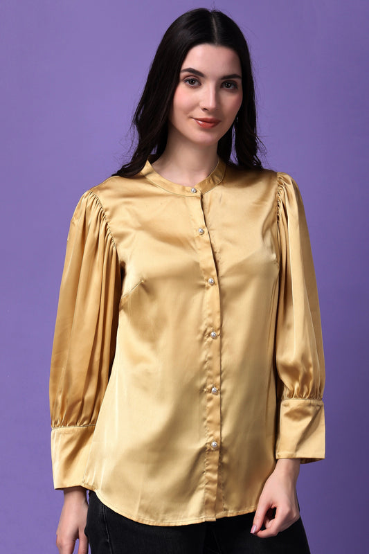 Golden Satin Symphony Pleated Sleeves Shirt