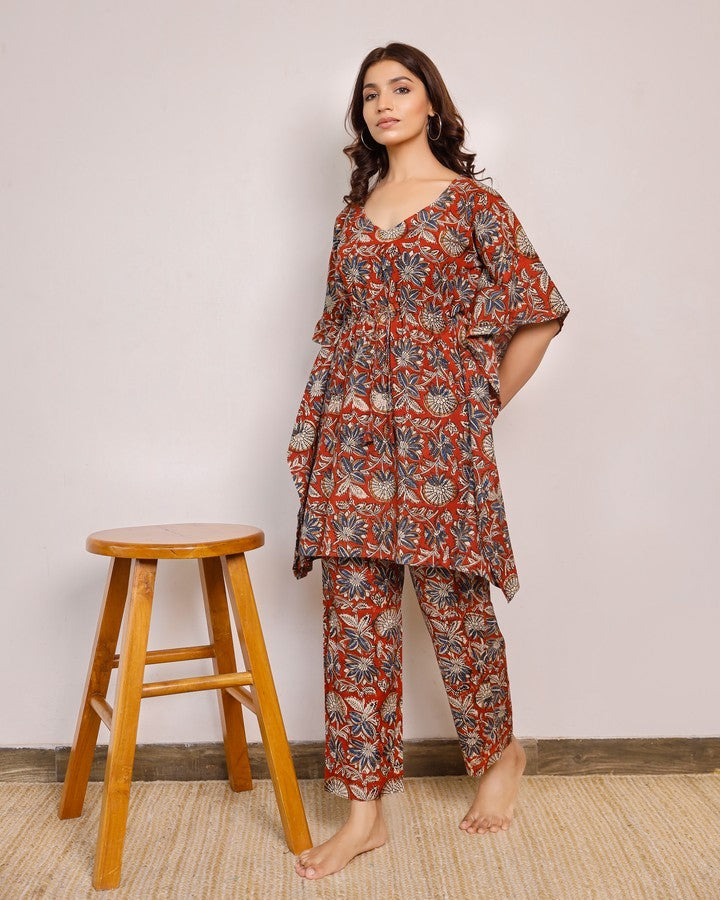 Red Artisanal Ethereal Elegance Block Print Kaftaan Set