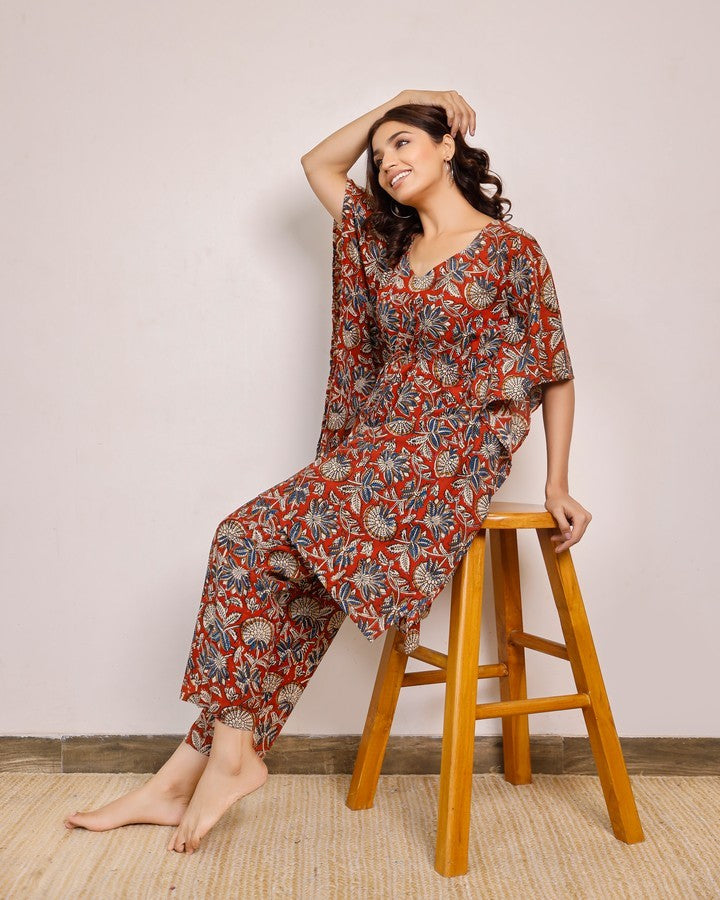 Red Artisanal Ethereal Elegance Block Print Kaftaan Set