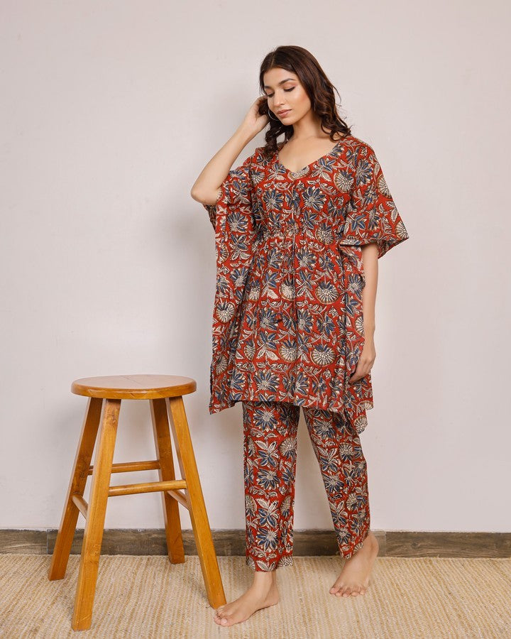 Red Artisanal Ethereal Elegance Block Print Kaftaan Set