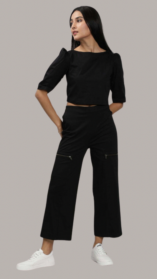 Black Classy Top With Zipper Detail Poplin Pant Set